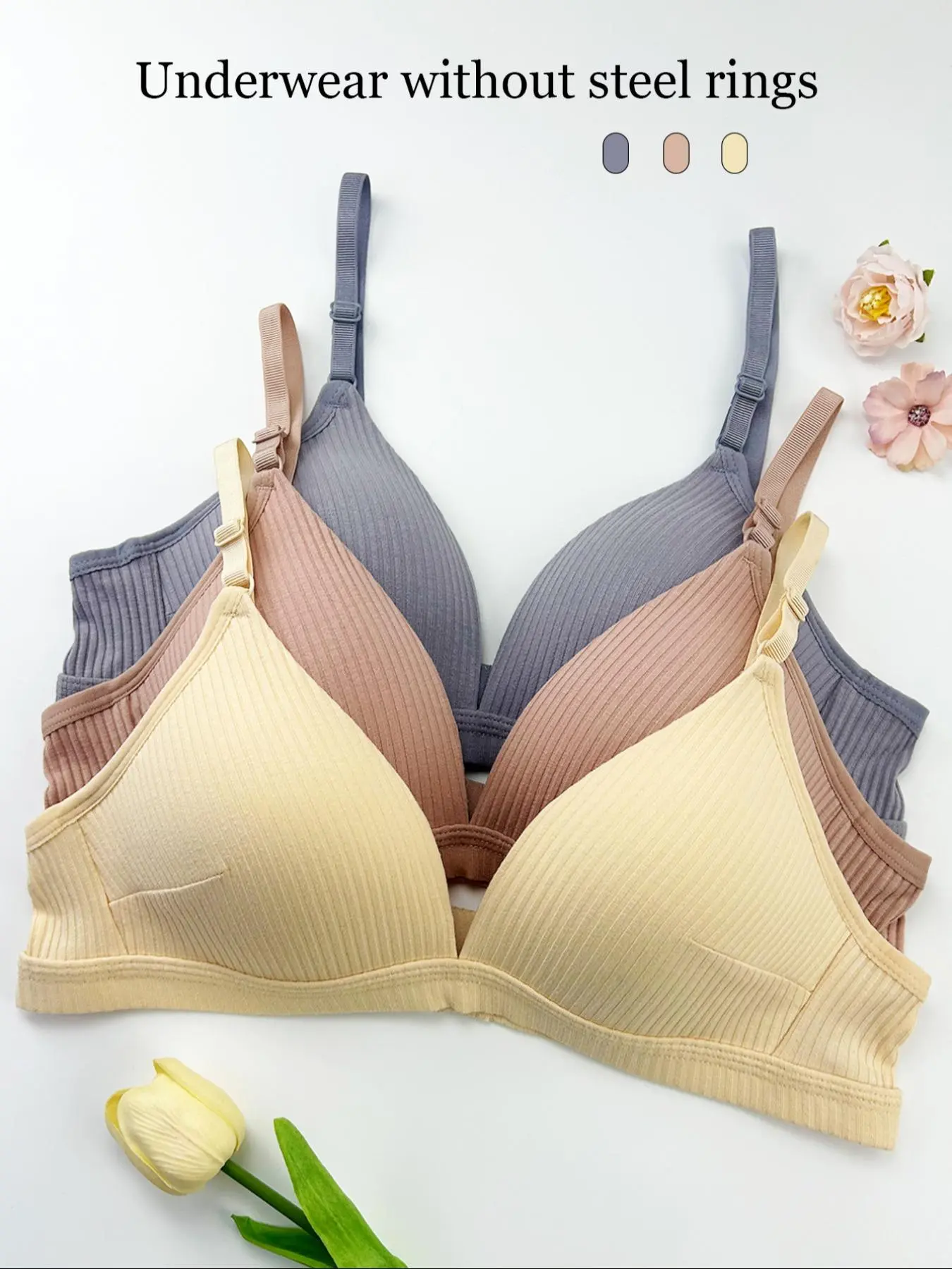 Women's Solid Ribbed Wireless Bra, Underwear for Women, Breathable Comfortable Adjustable Strap Bra, Lingerie for All Seasons Daily Wear