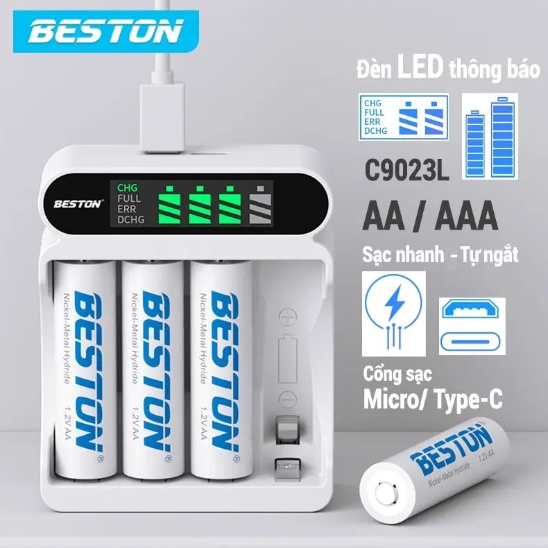 Bộ 4 pin AA 3300 mAh kèm Sạc Beston C9023L dùng cho micro, đồng hồ Sạc nhanh tự ngắt Màn hình LCD Sạc Điện Thoại 6