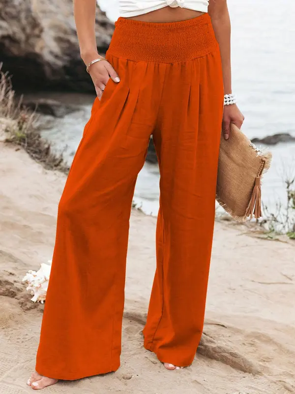 Women's Plain Pocket Shirred Wide Leg Pants, Summer Outfits 2024, Casual Comfy High Waist Straight Leg Trousers for Summer, Fashion Women's Bottoms for Daily Wear 8