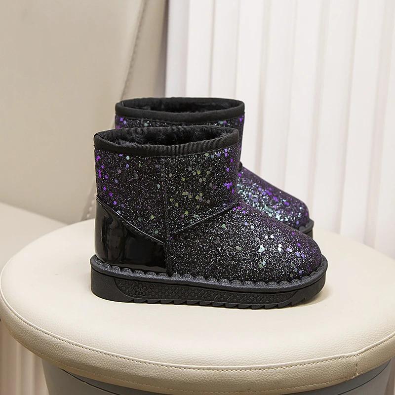 Product Introduction of Winter Girl's Snow Boots Glimmer Three Colors Thick Fur Kids Short Boot Warm Beautiful Stylish Slip-on Children Shoes 25-36 21