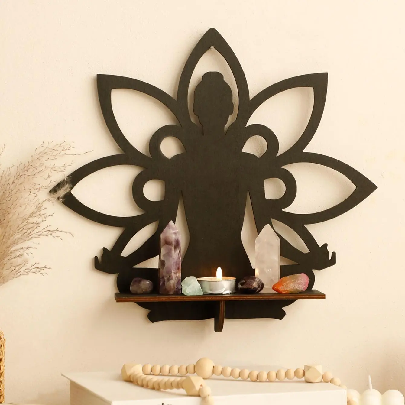 Wooden Lotus Shaped Wall Mounted Shelf, Wall Hanging Corner Shelf, Crystal Display Shelf, Home Decor for Bedroom, Bathroom, Office, Living Room