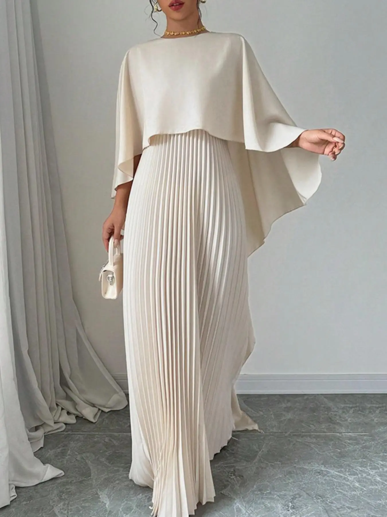 Women's Plain Pleated Cloak Sleeve Maxi Dress, Elegant Round Neck Dress for Party Holiday Wedding Guest, Dress for Women, Ladies Spring & Fall Clothes, Womenswear