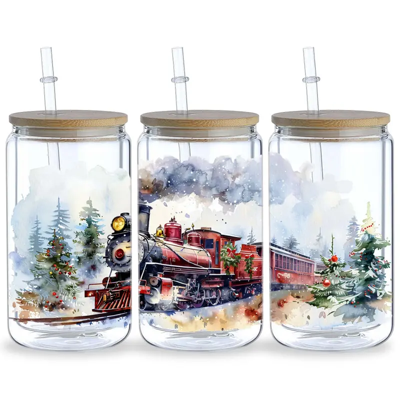 Christmas Steam Train Pattern Glass Cup Sticker, 5 Counts/set Waterproof Punk Transfer Sticker, Decorative Sticker for 16oz Glass, Cups, Crafts 4