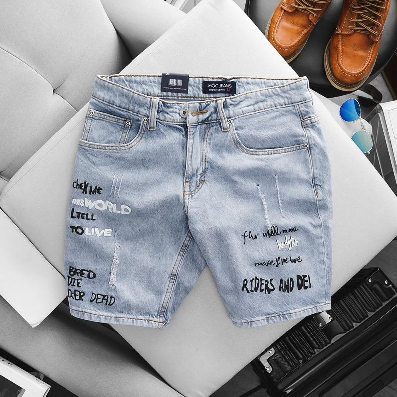 Quần short jean nam in chữ trắng trẻ trung co giãn ôm dáng ngang gối Menswear Cotton Pants