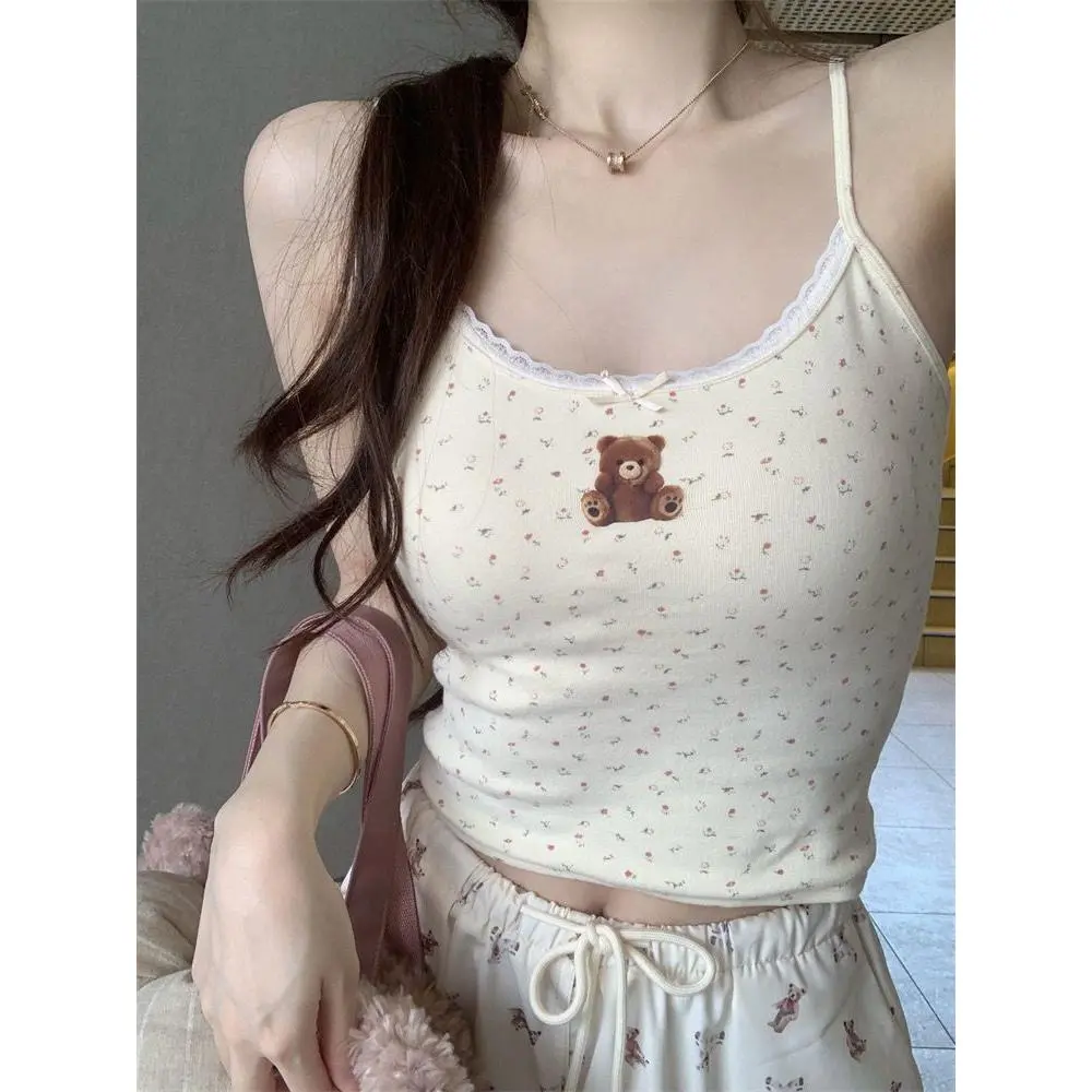 Cream Bear Padded Strap Vest Female Lace Stitching Pure Desire Inner Wear Outer Wear Slim and Sexy Top Female