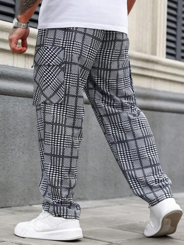 Men's Plaid Print Drawstring Waist Cargo Pants, Loose Casual Comfy  Flap Pocket & Slant Pocket Design Straight Leg Trousers for Daily Wear, Fashion Men's Bottoms for All Seasons 4