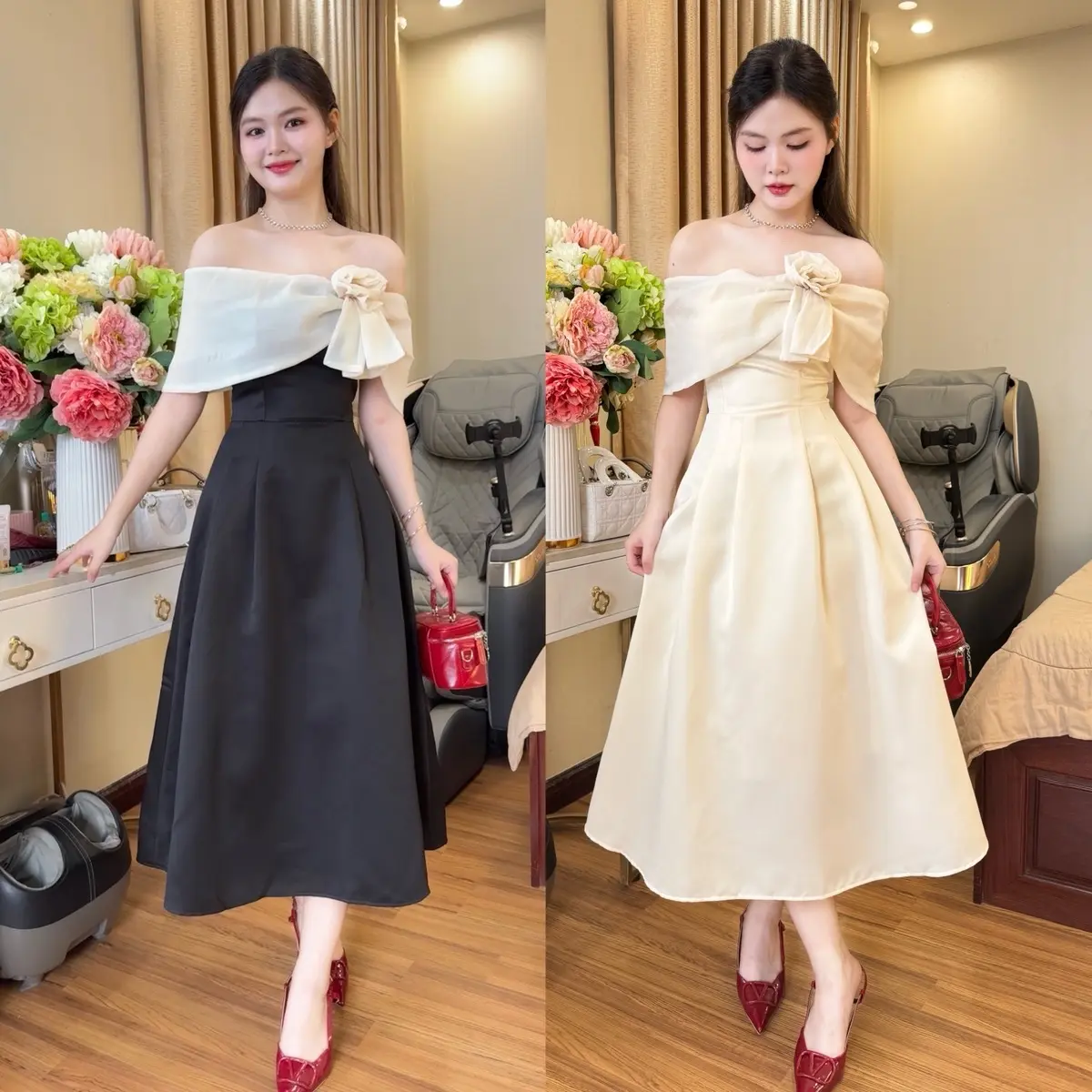 Đầm dự tiệc tafta 2 lớp có sẵn mút phối tơ đính hoa MORY DRESS Nữ Women Kem Nhung Sen Voi Hoa Sen vaytet váy  dâu đi bàn Voan vay  mactet