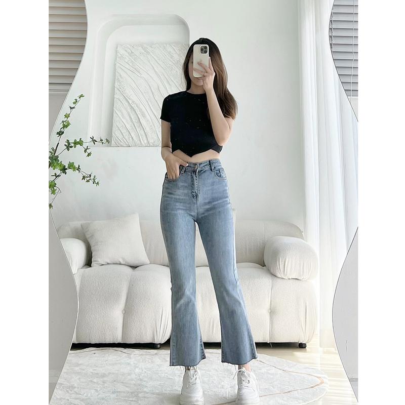 Quần Jean Ống Loe 9 Tấc dài 88cm Co Dãn Lưng Cao Leda Quần Bò Nấm Lùn 1m5 9 Tấc Lai Cắt
