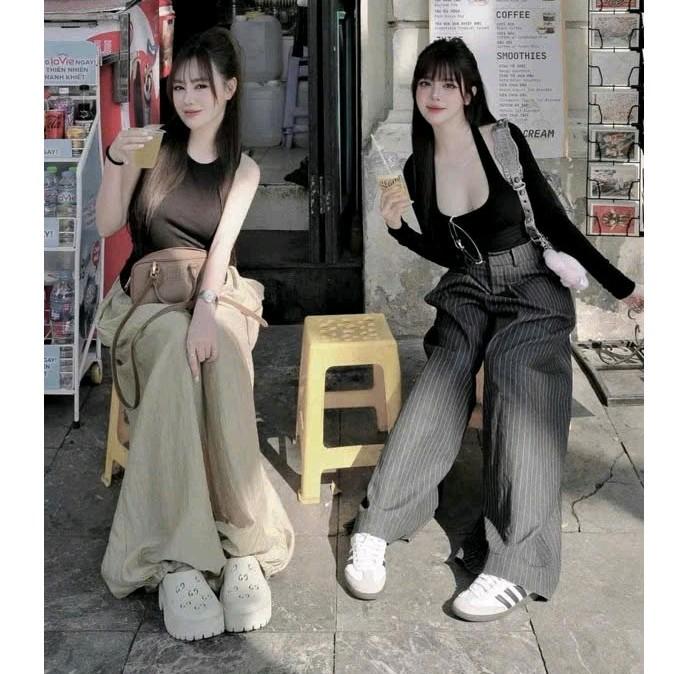 Sét bộ tăm lạnh thời trang Top Nữ mặc đi chơi dạo phố Áo tăm lạnh croptop dài tay phối quần dài ống Suông Rộng chất đũi xước cao cấp hót girl mặc đi chơi hẹn hò siêu xinh đẹp Women