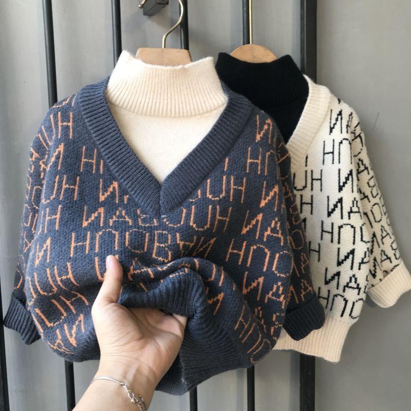 Quần Áo Bé Trai, Bộ Đồ Hai Mảnh Giả, Áo Sơ Mi Lớp Nền Cao Cổ Nửa, Hàng Mới Về Mùa Thu Và Mùa Đông, Áo Len Trẻ Em, Áo Len Dày 1