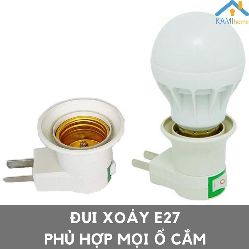 Đui đèn xoáy E27 có công tắc bật tắt và cắm mọi ổ 2 chân cho bóng đèn led mã 37003