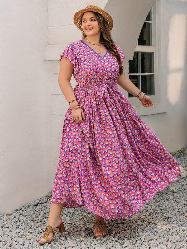Plus Size Floral Print Ruffle Hem Belted A Line Dress, Comfort Bohemian Dresses for Women, Contrast Lace V Neck Long Dress for Beach Vacation Holiday, Summer Dresses 2025, Sun Dress 4