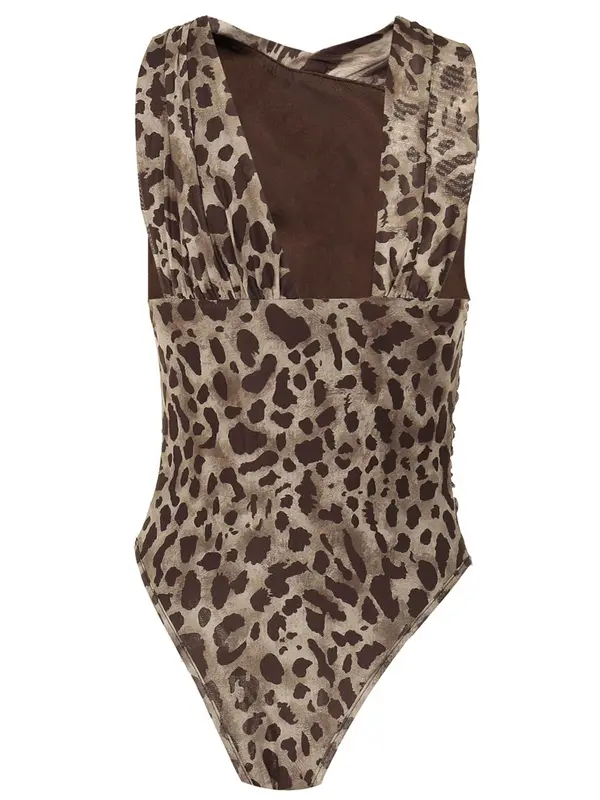 Women's Leopard Print Asymmetrical Neck Ruched Mesh Bodysuit, Fashion Casual Sleeveless Fit Bodysuit for Summer, Jumpsuit for Women, Ladies Clothes for Holiday Party Club, Nyc Clothing, Womenswear, Clothes for Women, Tops 1