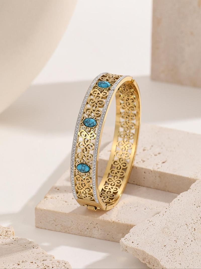 Product Introduction of Vintage Hollow Out Design Bangle for Women & Men, Rhinestone Decor Turquoise Texture Stainless Steel Jewelry for Party, Daily Clothing Decor, Trendy All-match & Exquisite Jewelry for Birthday Gift 2
