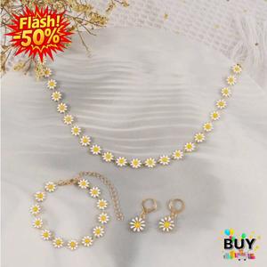 ชุดเครื่องประดับ 4 ชิ้น สร้อยคอ ต่างหู และสร้อยข้อมือ ดอกเดซี่สีขาวขนาดเล็ก โซ่กระดูกไหปลาร้าผู้หญิง ทันสมัย และเก๋ไก๋ ผู้หญิง สร้อย