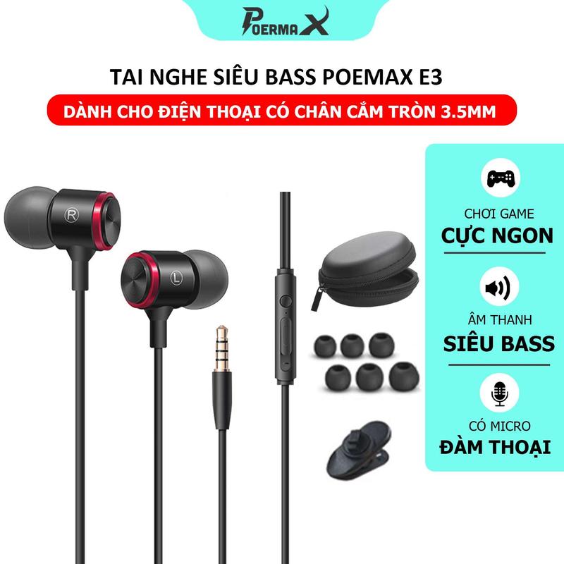 Tai nghe có dây siêu bass Poermax E3 âm thanh nổi tích hợp micro và nút điều khiển âm lượng giắc cắm chuẩn 3.5mm