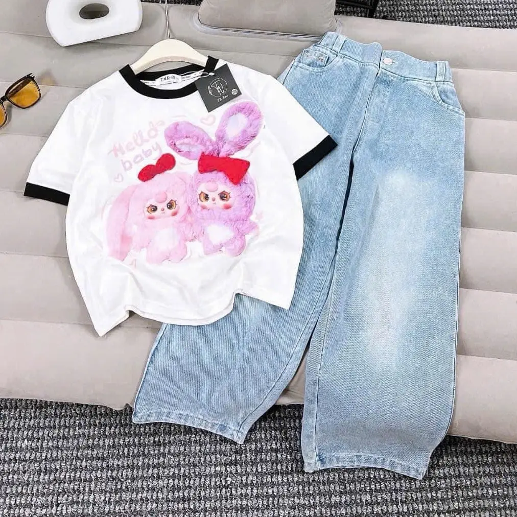 (23-53kg) Sét quần jean suông áo cotton phối viền siêu xinh cho bé
