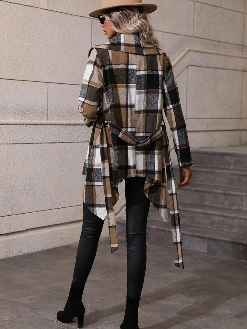 Product Introduction of Women's Plaid Print Belted Asymmetrical Hem Coat, Elegant Long Sleeve Waterfall Collar Outerwear for Fall & Winter, Women's Clothing for Daily Wear 7