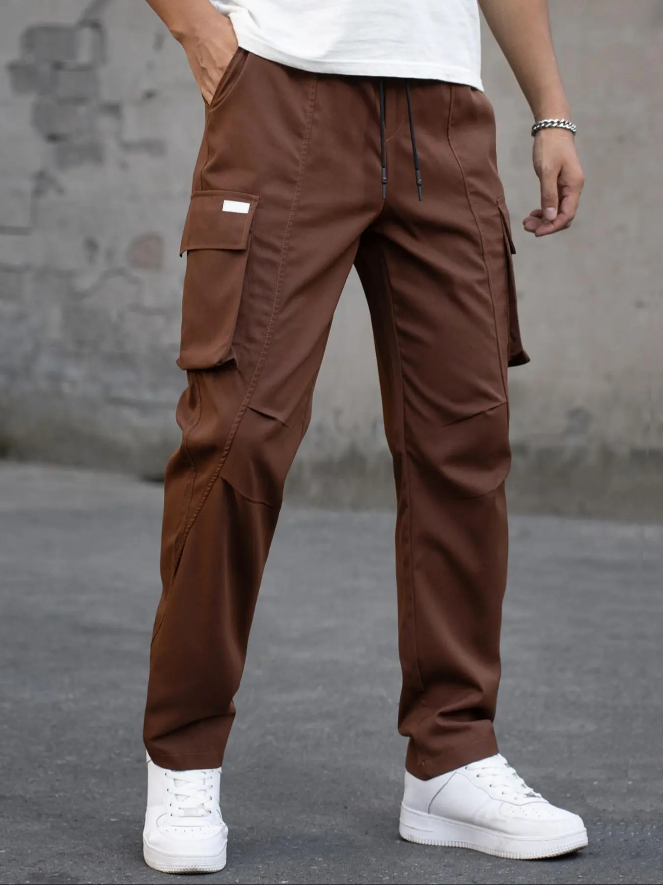 Men's Solid Drawstring Waist Cargo Pants, Regular Fit Casual Pocket Trousers for Spring & Fall,  Work Trousers Men, Fashion Men's Bottoms for Daily Wear