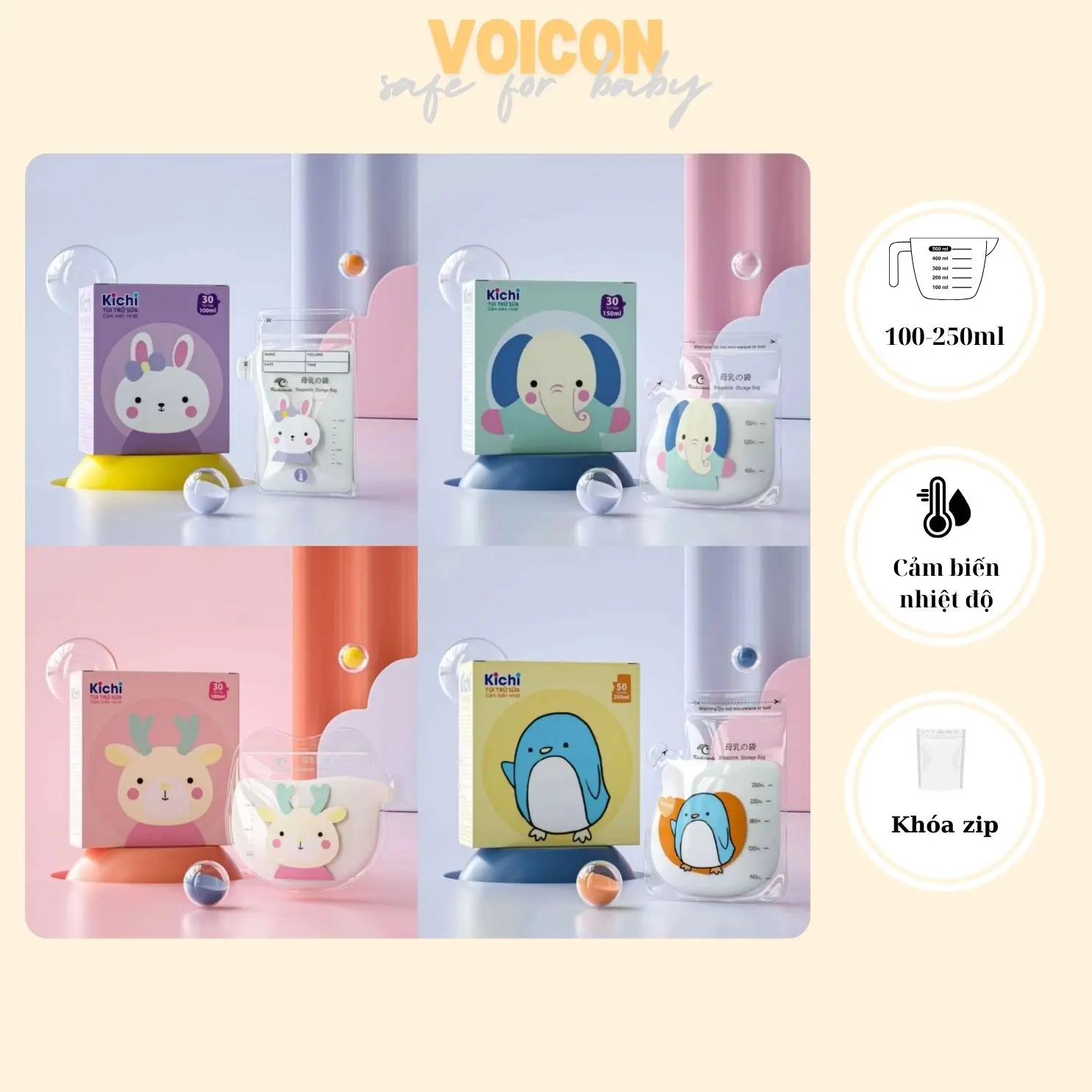 Túi trữ sữa Kichilachi size 100ml, 250ml cảm biến nhiệt độ, có khóa zip, chắc chắn chống rò rỉ, đựng sữa bột Voi Con baby
