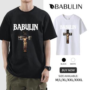 BABULIN  pure cotton men's printed T-shirt  260g heavy-weight Jesus cross graphic print T-shirt