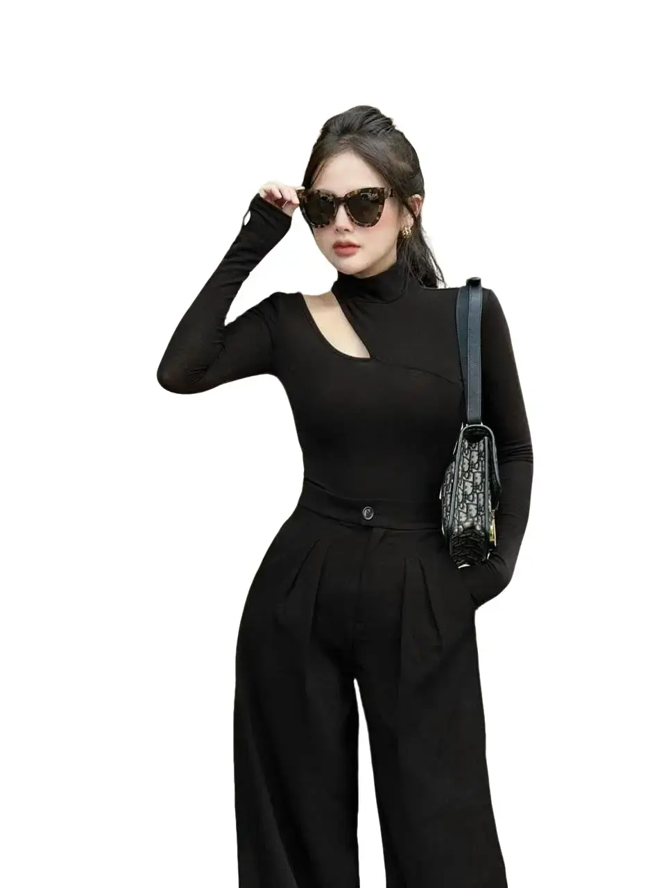 Áo Thun nữ Khoét Vai cổ Lọ Vải thun Gân co giãn Freesize 38-53kg Top Sơ Mi Croptop Đen Women Voi Jean