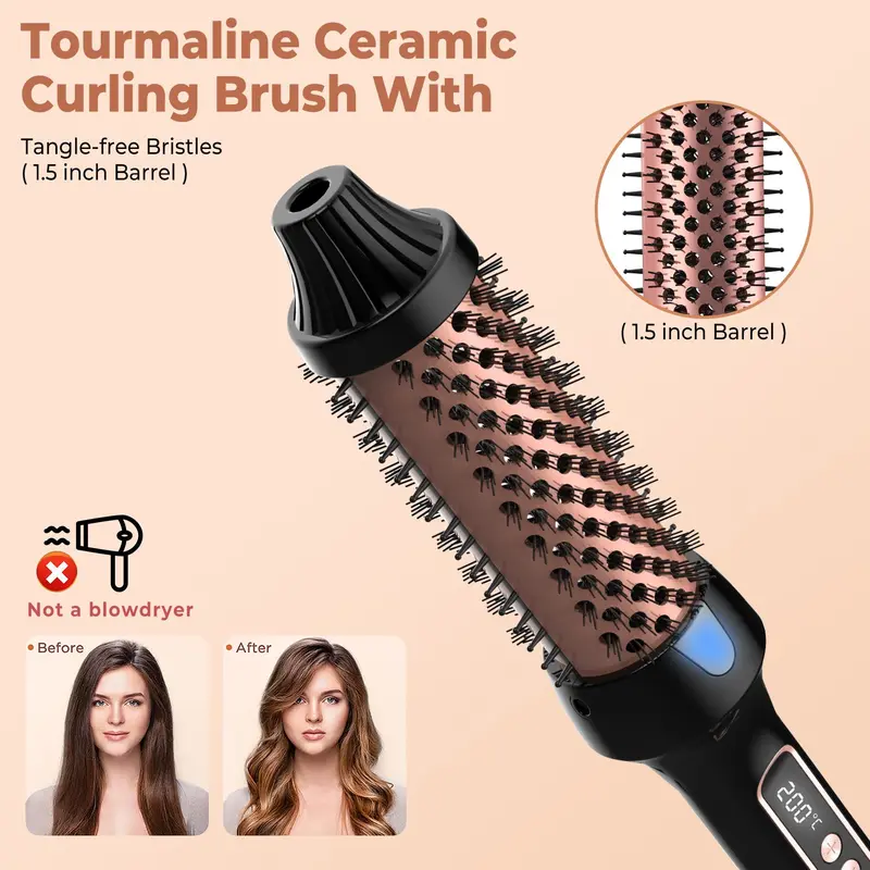 1.5 Inch Ionic Thermal Brush Curling Iron Brush, LED Display Heated Round Brush For Beach Waves 6