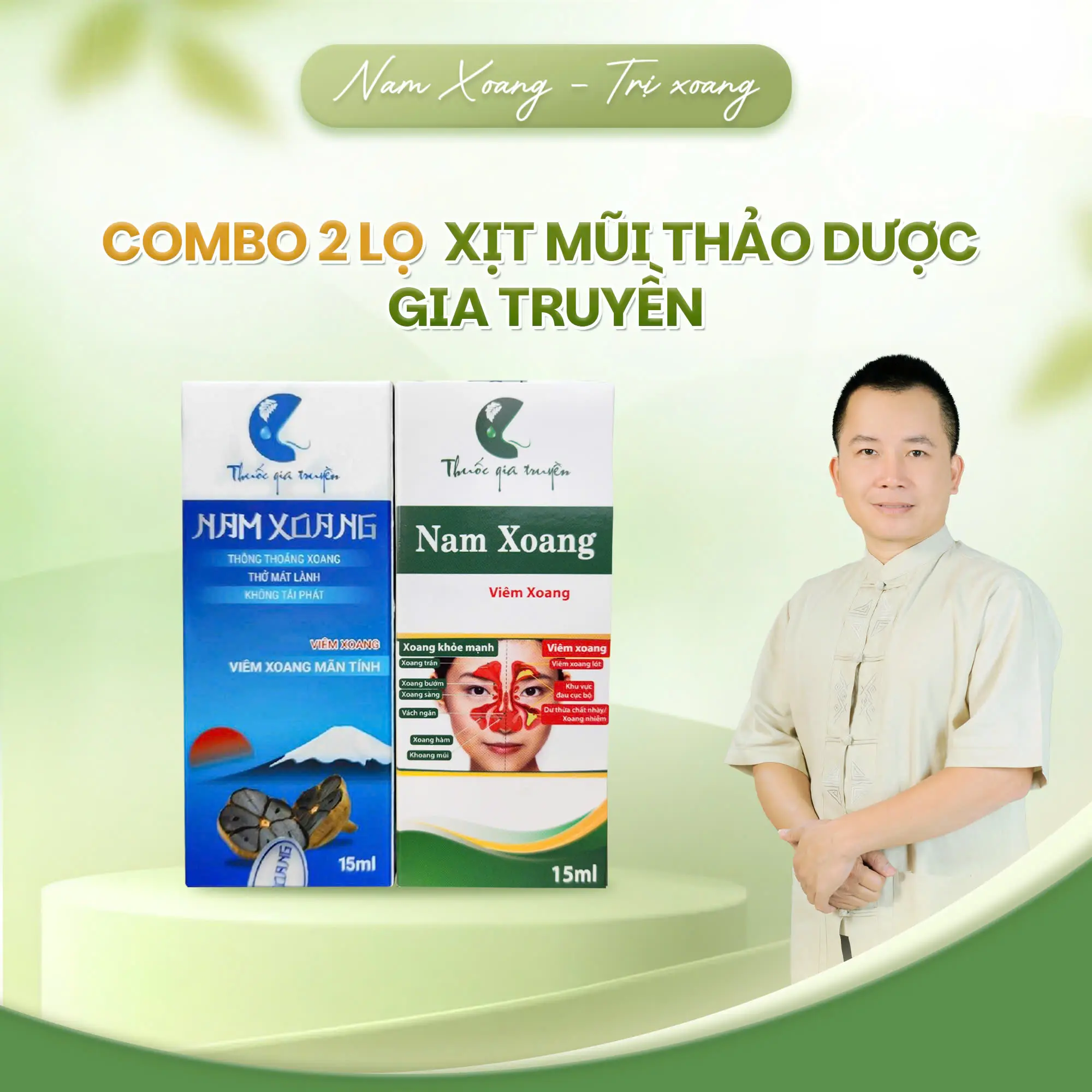 Combo 2 lọ Xịt mũi thảo dược (gia truyền phòng khám) NAM XOANG 15ml (xanh dương cấp 2 + xanh lá cấp 3) - Hương Thảo Dược Mát Lành, Thư Giãn Cho Mũi