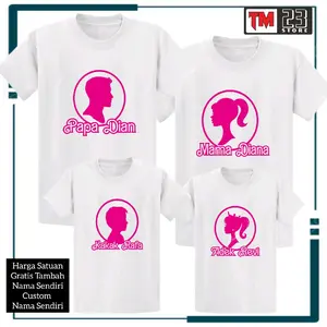 Baju Distro Kaos COUPLE Pasangan Keluarga  Dewasa dan Anak Warna Putih Bluish Motif Barbie Terbaru 2024 Bahan Kwalitas 100℅ Katun Bisa request Lengan Panjang Combed Custom