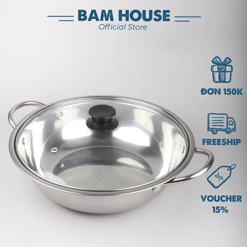 Nồi lẩu inox dày Bam House loại lớn 26cm có nắp kính cao cấp NL26 – Gia dụng bếp 0