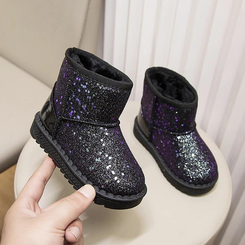 Product Introduction of Winter Girl's Snow Boots Glimmer Three Colors Thick Fur Kids Short Boot Warm Beautiful Stylish Slip-on Children Shoes 25-36 22
