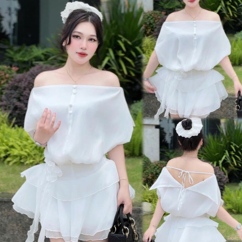 Set váy trễ vai nữ 2 lớp cuốn hoa - V77 0