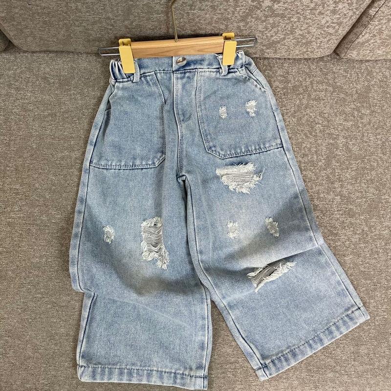 Quần jeans suông rách phối túi chất jeans mềm, dày dặn cho bé gái