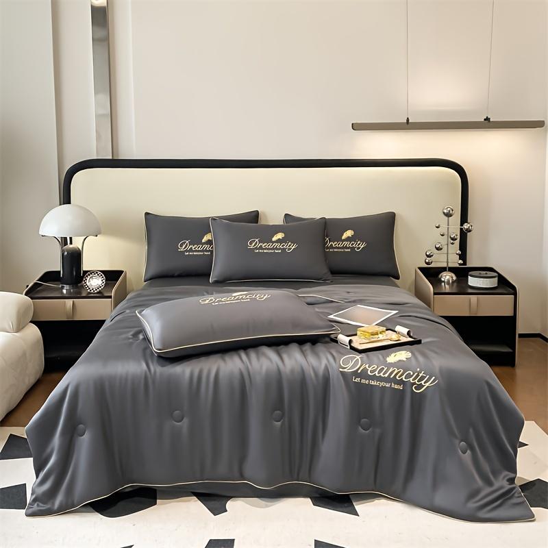 Product Introduction of 1 Piece Dreamy Summer Light Quilt - Soft, Light Beige Friendly 100% Microfiber, Designed with Gold Leaves and "DREAMCITY" Words, Gray with Gold Accents, Machine Washable, Pillowcase and Bed Sheet Not Included, Summer Bedding | Fantasy-themed Decoration | 6