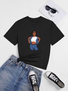 ImprinTee Women's Cartoon Figure Print Round Neck Graphic Tee, Vintage Trendy Casual Short Sleeve T-shirt for Daily Wear, Ladies All Seasons Outfit