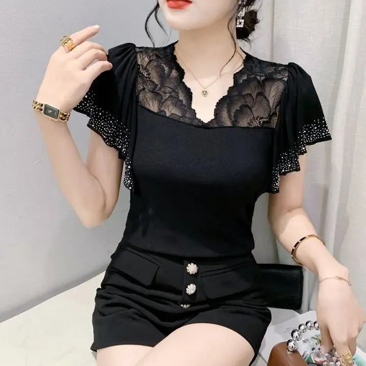 Áo Lớp Nền Ren, Hàng Mới Về Mùa Hè, Thiết Kế Khâu, Ngắn Tay, Dáng Ôm, Dành Cho Nữ, Giấu Flab, Thích Hợp Cho Mùa Hè