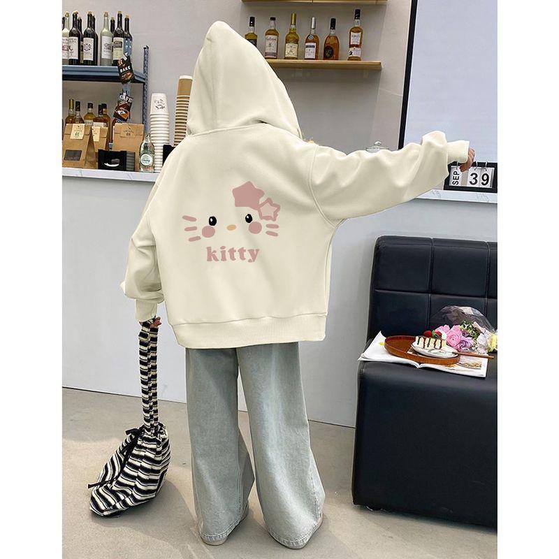 Áo Khoác Nỉ Mèo Kitty, Cho Bé Gái, Chất Liệu Cotton Nguyên Chất, Phong Cách Thu Đông, Phong Cách Mới, Áo Cardigan Trẻ Em Lớn, Có Khóa Kéo, Áo Lông Cừu, Hợp Xu hướng 1
