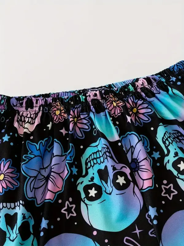 Two-piece Set Women's All Over Skull & Floral Print Pyjama Set, Casual Sleeveless Cami Top & Elastic Waist Shorts, Ladies Sleepwear Loungewear for All Seasons, Halloween Pajamas, Pajama Sets Women, Matching Sets 7