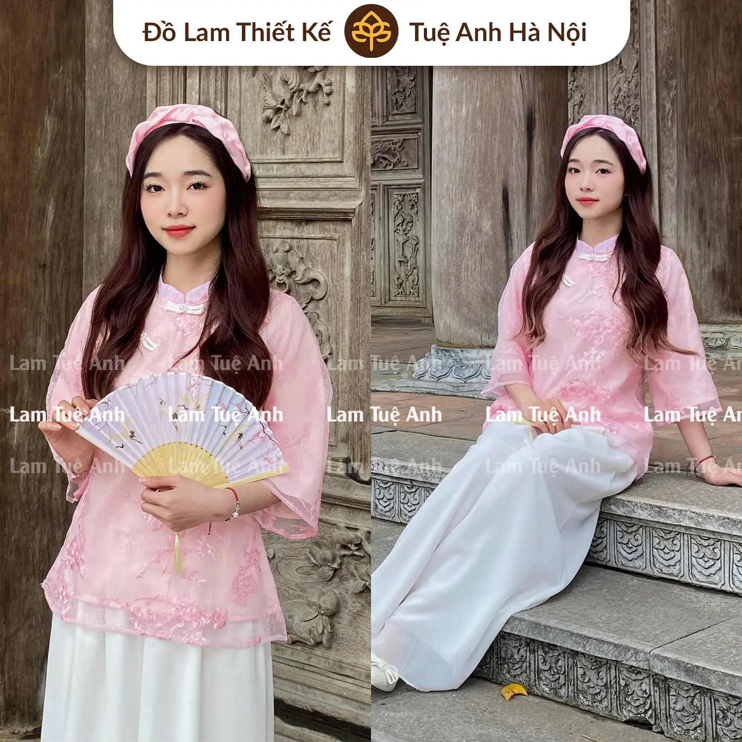 LAM ANH ĐÀO Bộ pháp phục đồ lam cách tân tơ lụa cao cấp thêu nổi dáng xòe kèm quần giả váy Nữ Women đồ lam pháp phục đi chùa