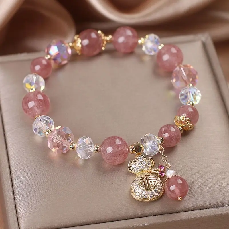 [17000 People Collection] Attracting Male Lucky Strawberry Quartz Beaded Bracelet Women's Simple Fashion Crystal Bracelet Gifts for Classmates Girlfriend Gifts Bracelet