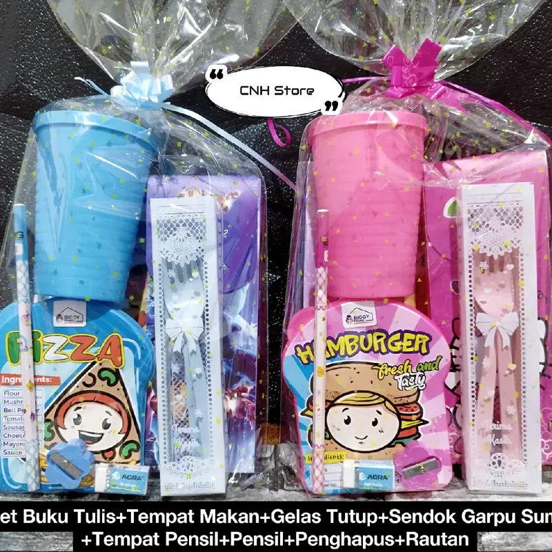 10 IN 1 PAKET SOUVENIR ULTAH ANAK / HAMPERS ULANG TAHUN ANAK / KADO / HADIAH LOMBA / BINGKISAN ULTAH / BUKU TULIS GELAS TUTUP TEMPAT MAKAN TEMPAT PENSIL SENDOK GARPU SUMPIT PENSIL PENGHAPUS RAUTAN 0