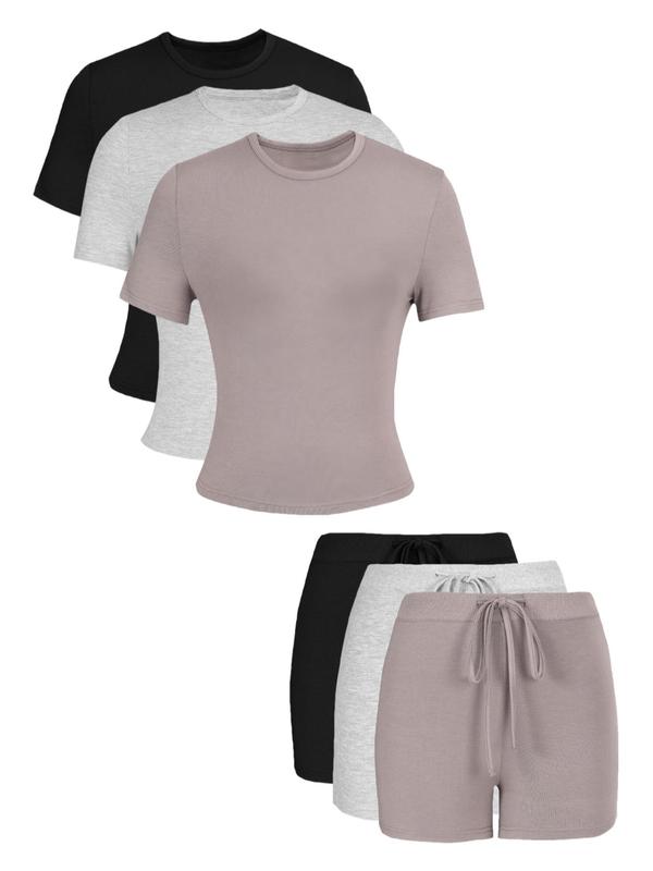 Women's Solid Color Top & Skinny Shorts Loungewear Set, Casual Comfy Short Sleeve Tee & Shorts Set, Ladies Sleepwear for All Seasons, Pajamas Set 0