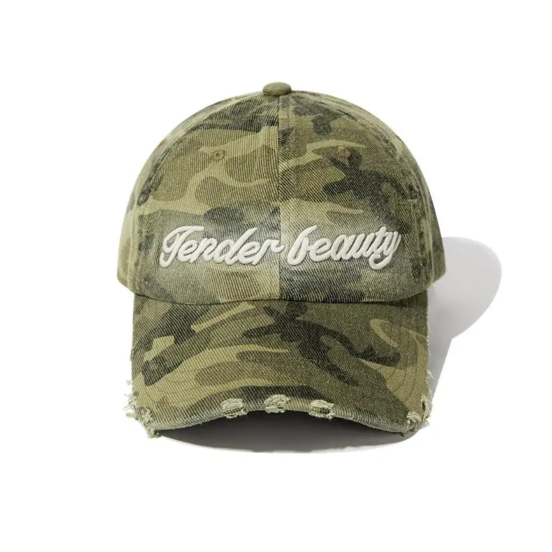Camouflage Embroidered Baseball Cap Female Street Tide Brand Soft Peaked Cap Korean Style Distressed Wash Sun Hat