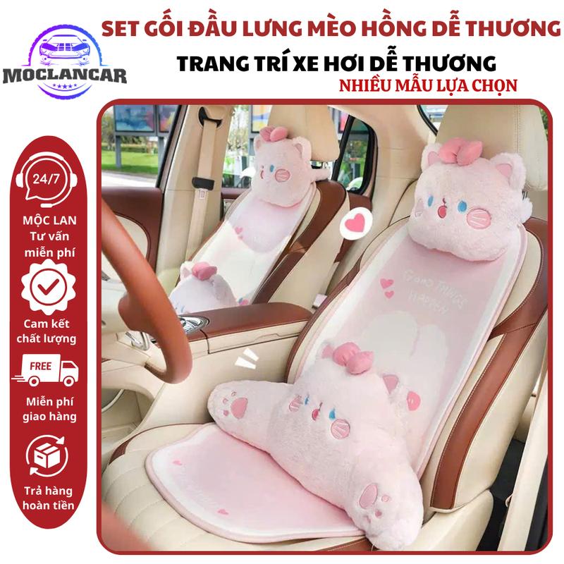 Set Gối Tựa Cổ Lưng – Lót Ghế Hình Mèo & Thỏ Thêu Nơ – Nội Thất Ô Tô Phong Cách Hoạt Hình Dễ Thương