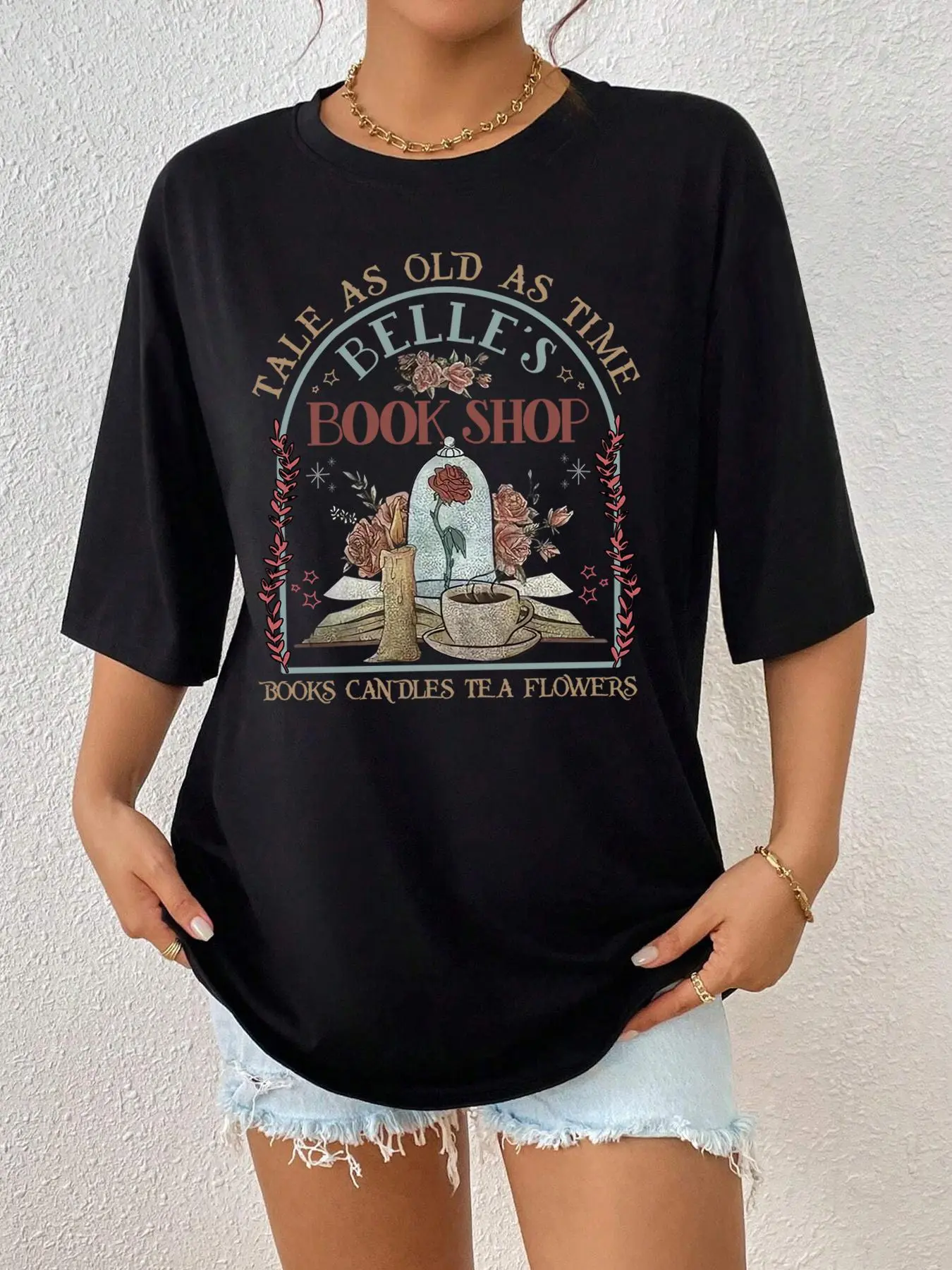 Women's Rose Letter Cartoon Print Round Neck Graphic Tee, Vintage Trendy Casual Drop Shoulder Half Sleeve T-shirt for Daily Wear, Ladies All-match Clothes Tops