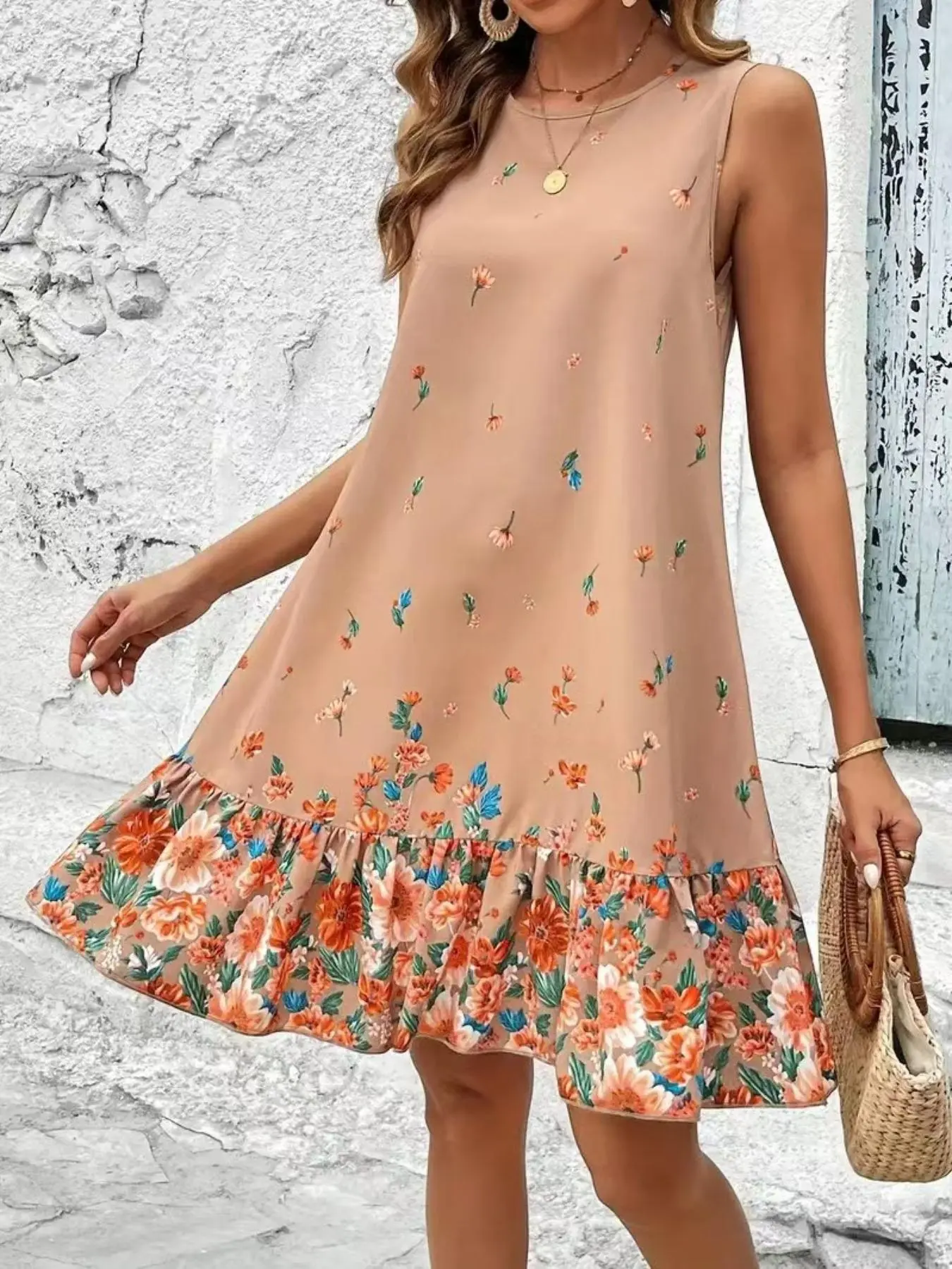 Women's Floral Print Ruffle Trim Tank Dress, Elegant Sleeveless Round Neck Short Dress for Summer, Ladies Clothes for Beach Holiday Vacation