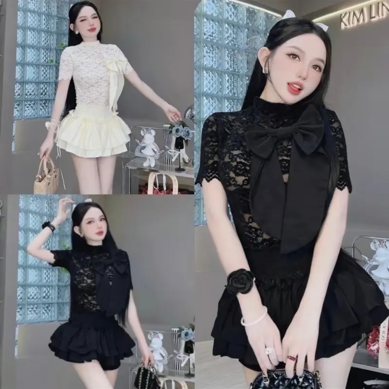Set Áo Ren Nhung Đính Nơ + Chân Váy Bo Eo 2 Tầng ( Đi Tiệc, Dạo Phố, Đi chơi ) Top Nữ Women Voi 0