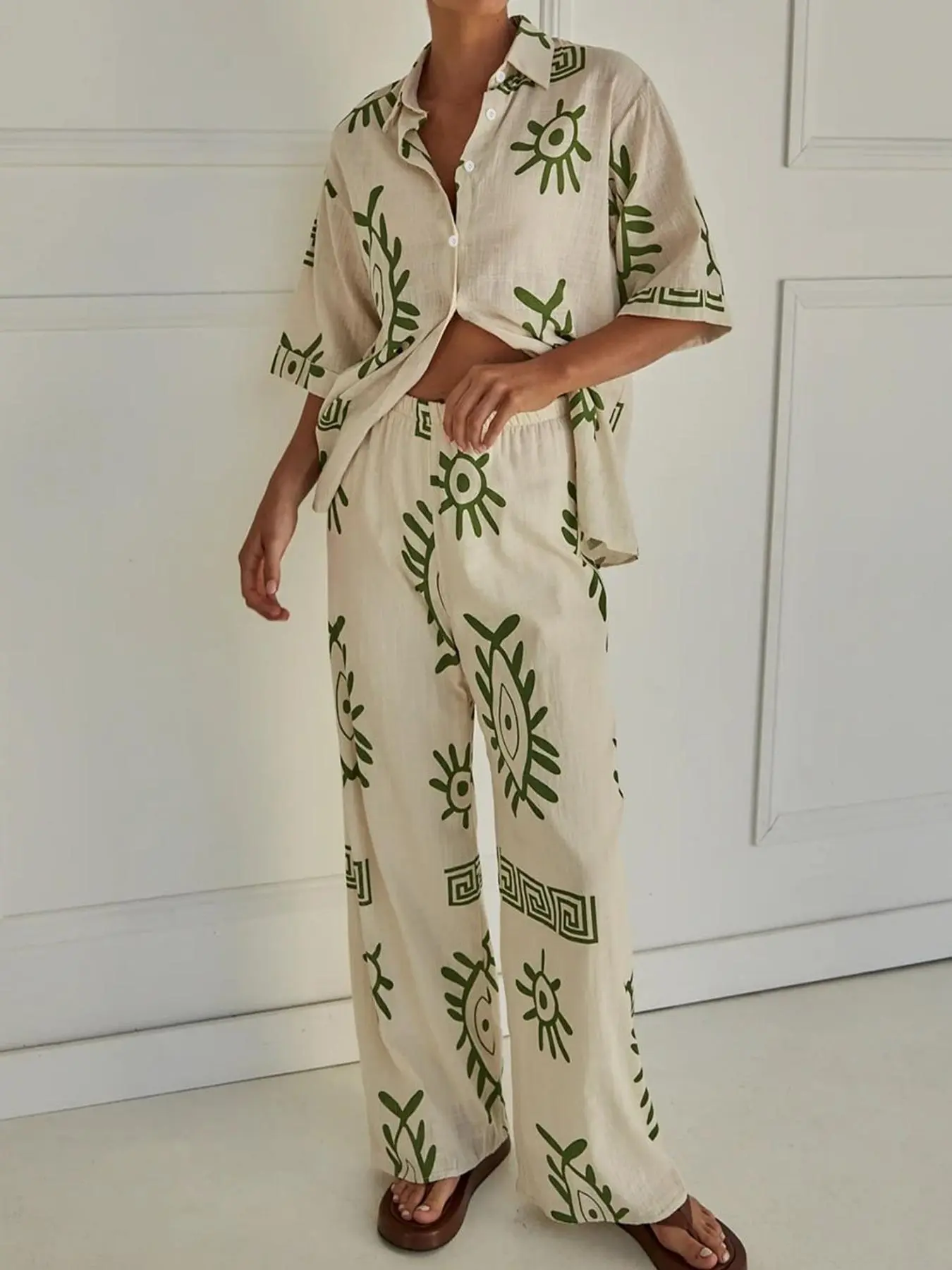 Women's Ethnic Pattern Button Front Blouse & Wide Leg Pants Two-piece Set, Boho Casual Half Sleeve Collared Top & Trousers for Daily Wear, Ladies Clothes for Spring