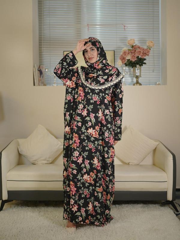Women's Floral Print Contrast Lace Hooded Tunic Dress, Modest Outfits, Elegant Long Sleeve Long Muslim Womens Clothing for Daily Wear, Ladies Clothes for All Seasons 4