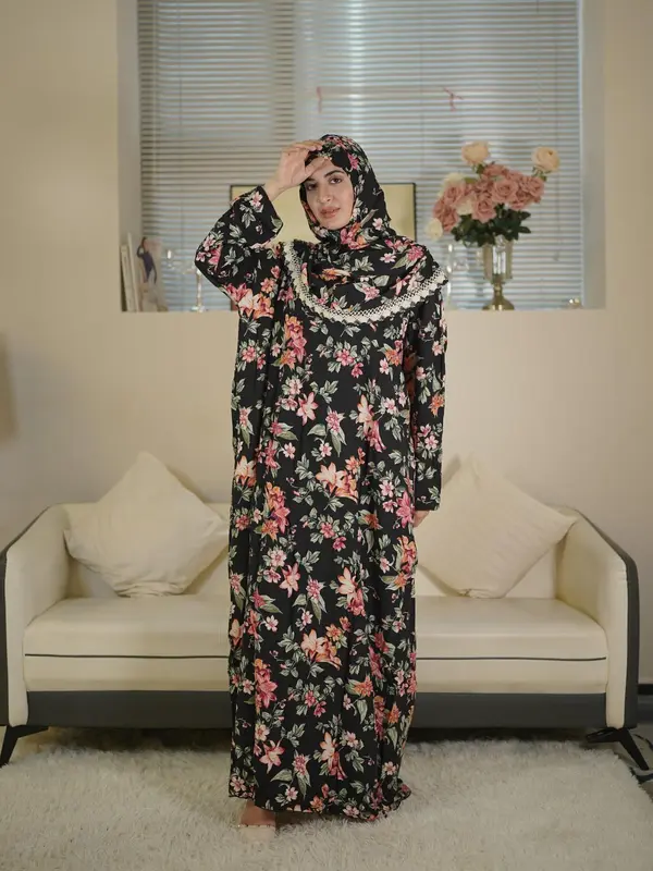 Women's Floral Print Contrast Lace Hooded Tunic Dress, Modest Outfits, Elegant Long Sleeve Long Muslim Womens Clothing for Daily Wear, Ladies Clothes for All Seasons 3